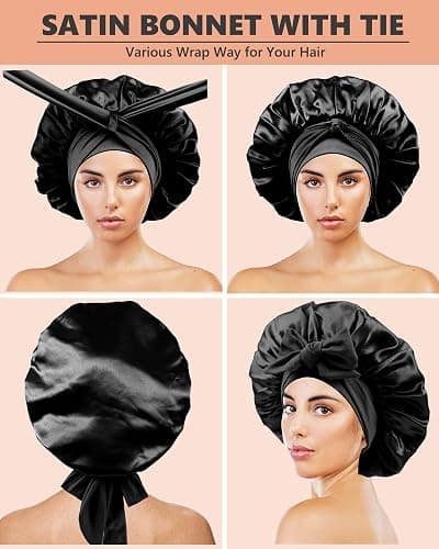 Satin Bonnet for Sleeping Women,Double Layer Hair Bonnet for Sleeping with Tie Band for Curly Hair Braids Long Hair Black thumbnail 3