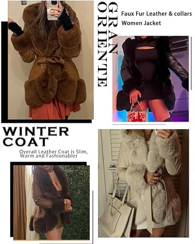 GRAN ORIENTE Women's Faux Leather Coat with Faux Fur Collar,Winter Warm Belted Mid Length Trim Jacket Fur Lined with Hood thumbnail 5