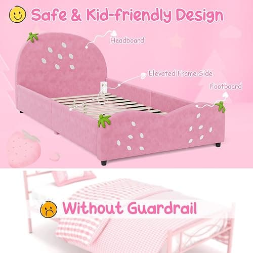 HONEY JOY Twin Bed Frames for Kids, Toddler Wooden Twin Bed Platform w/Headboard & Slat Base, No Box Spring Needed, Children Bedroom Furniture for Boys Girls, Fits Standard Twin Mattress, Strawberry thumbnail 8
