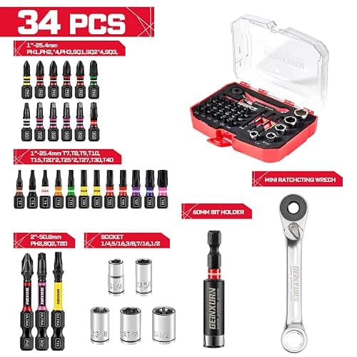 Geinxurn 34 Pieces Tool Kit with Matching Storage Box, Include 1”/2” S2 Steel Magnetic Screwdriver Bits (Phillips/Square/Torx), Socket, Bit Holder and Mini Ratchet Wrech for Home Repairs thumbnail 2