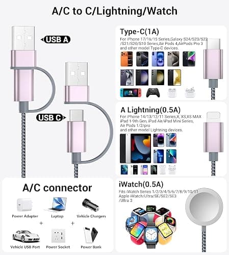Temdan for Travel Essentials,3 in 2 USB C Cable for Apple Watch Charger/iPhone 17 Charger/Lightning,Multi Charging Cable Cord,Vacation Camping Essentials,Portable Designed for iWatch &iPhone 16-12-4FT thumbnail 2