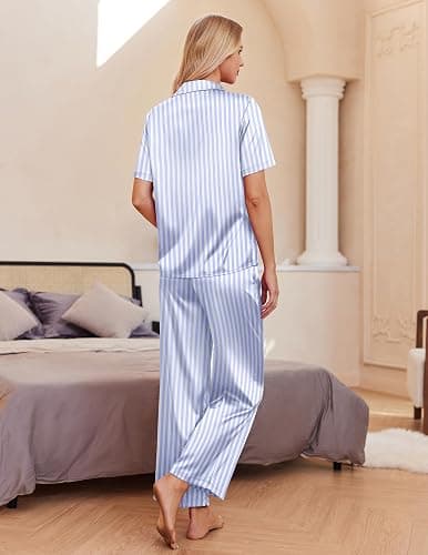 Ekouaer Silk Pajamas for Womens Set 2 Piece Fall Pjs with Pockets | Satin Short Sleeve Sleepwear, Soft Button Down Tops/ Wide Leg Pants for Lounging, Date Nights, Honeymoon, Bridal Wedding Day thumbnail 3
