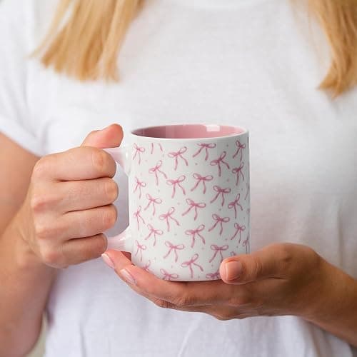 R HORSE Pink Bow Coffee Cup - 11.2oz Watercolor Ceramic Coffee Mug, Cute Tea Milk Cup for Office and Home, Aesthetic Christmas Birthday Gifts for Girls Teens Women Friends Mom thumbnail 2