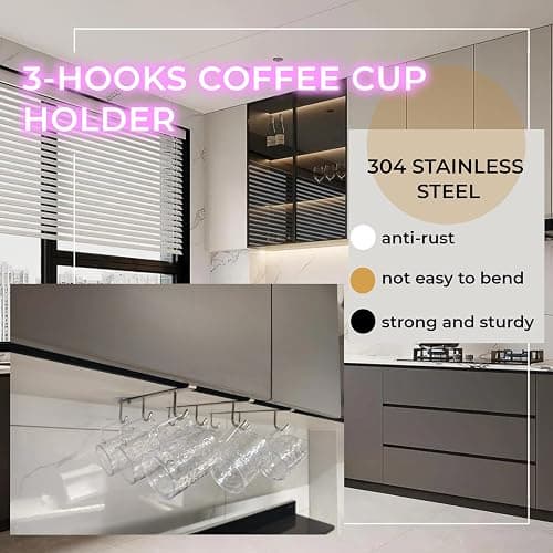 Mug Hooks Under Cabinet , 304 Stainless Steel Cup Hooks for Hanging Under Shelf, Mug Organizer Rack with 6 Hooks for Displaying Mugs, Coffee Cups and Kitchen Utensils,Fit for 0.8" or Less thickness thumbnail 3