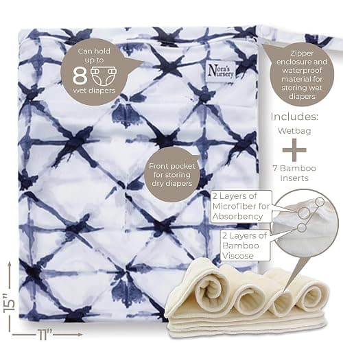 Nora's Nursery Cloth Diapers 7 Pack with 7 Inserts & 1 Wet Bag - Waterproof Cover, Washable, Reusable & One Size Adjustable Pocket Diapers for Newborns and Toddlers - Down to Earth thumbnail 7
