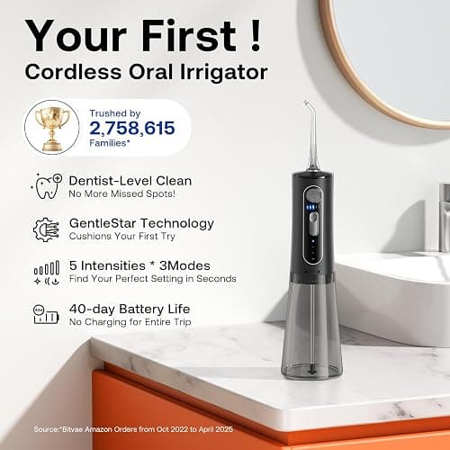 Bitvae Water Dental Flosser for Teeth, Cordless Water Teeth Cleaner Picks, 3 Modes 5 Intensities, IPX7 Waterproof, Rechargeable Water Dental Picks for Cleaning - Black thumbnail 2