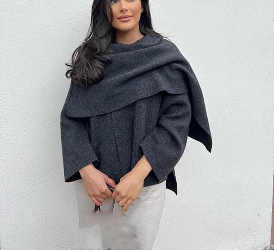 Col écharpe asymétrique pour Femmes Veste de Couleur Unie Mode Vintage élégant Automne et Hiver Haut décontracté à Manches Longues pour Femmes thumbnail 2