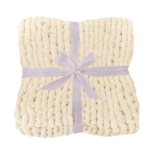 Bigacogo Chunky Knit Throw Blanket for Couch, 40x60 inches, 100% Hand Knitted with Thick Jumbo Chenille Yarn, Cozy Soft Large Rope Knot Cable Crochet Blankets for Sofa Bed Living Room, Beige thumbnail 8