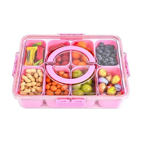WGBP Snackle Box Container, 8 Compartment Divided Serving Tray with Lid and Handle, Snack Box Container for Candy, Fruit and Snacks, Great for Gatherings, Outings, Parties and Entertaining（Pink） thumbnail 6