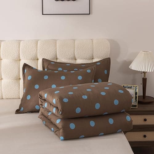 Caressma Brown Full Comforter Set with Polka Dots 3 Pieces Bedding Set | Mustard Yellow with Polka Dot Comforter Bed Set, Cozy Washed Seersucker Comforter Set with Pillowshams thumbnail 7