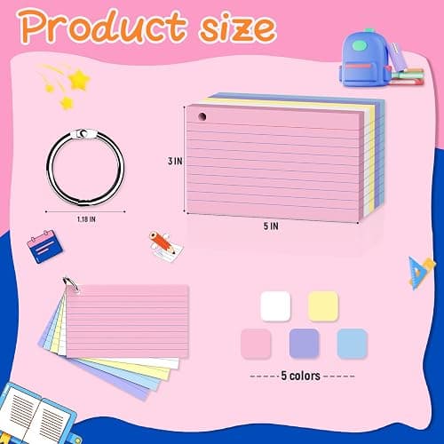 250 Count Colored Index Cards 3 x 5 Inch, Lined Flash Cards with Key Ring, Ruled Note Cards for Office Use, Portable Note Taking Study Flashcards for Home and School thumbnail 3