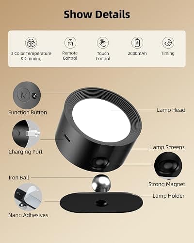 LED Wall Mounted Lights, Rechargeable Wall Sconces with Remote & Touch Control, 3 Color Temperatures 360° Rotation Dimmable Cordless Wall Light for Bedroom Study Reading Bedside (Black, 3 Pack) thumbnail 7