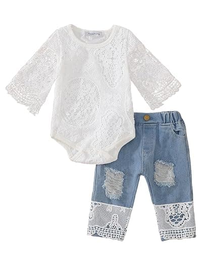 Yvowming Baby Girl Clothes Outfits Toddler Infant Baby Romper Top+Jeans Clothing Set - Image 1