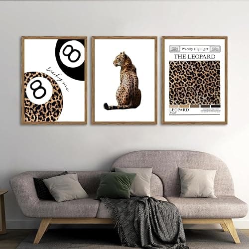 JBZDD Framed Trendy Leopard Wall Art Set of 3 Funky Lucky 8 Ball Preppy Room Decor Prints Cheetah Print Aesthetic Canvas Pictures for Girls Bedroom Apartment or Dorm 12x16 Inch Wood Ready to Hang - Image 1