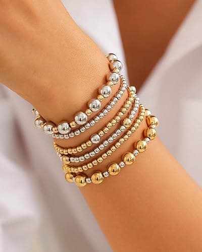 LANWLOSI 6 Pcs Two Tone Bracelets for Women Stackable Gold and Silver Beaded Bracelets Trendy Mixed Metal Beads Brace-lets Wedding Party Prom Daily Jewelry Gifts thumbnail 2