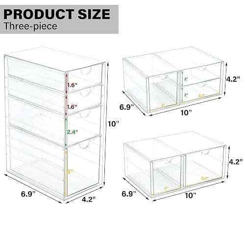 Prsildan Acrylic Drawer Makeup Organizer with 9 Drawers, Set of 3 Office Desk Organizers Accessories, Clear Stackable Storage Drawers for Vanity, Countertop, Craft, Jewelry, Art Supply Organization thumbnail 3