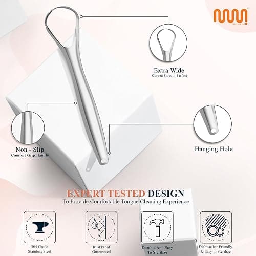 MasterMedi Tongue Scraper with Multicolor Cases (2 Pack), 100% Stainless Steel, Reduce Bad Breath, Easy to Use Tongue Scraper for Adults, Tongue Cleaner for Oral Care & Hygiene thumbnail 3