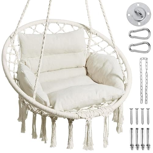 Greenstell Hammock Chair, Macrame Swing Chair with Comfy Cushion, Boho Hanging Chair for Outdoor & Indoor, Perfect for Bedroom, Patio, Balcony, Hold up to 330Lbs, Beige - Image 1