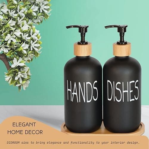 Glass Soap Dispenser Set. Hand and Dish with Bamboo Tray. Vintage Pump for Kitchen Sink Bathroom. Stylish Permanent Labels (Matte Black) thumbnail 5