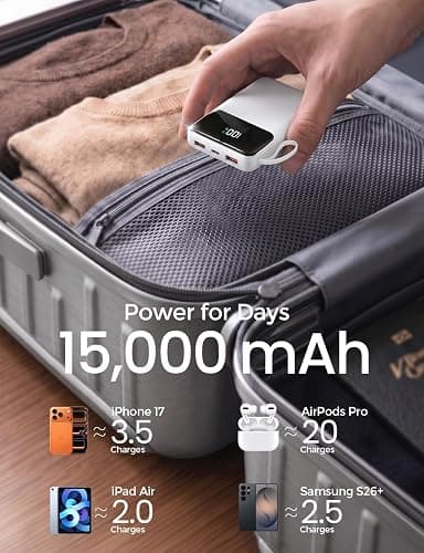 15000mAh Portable Charger Power Bank, Smaller Built-in 4 Cables White | 22.5W 50% More Capacity, 45% Smaller, Slim Travel Essential Battery Pack, 30-Min Fast Charge to 50% for iPhone/Samsung thumbnail 2