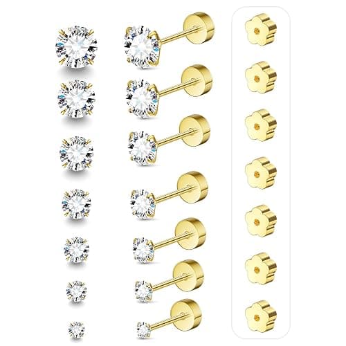 7 Pairs 18G 20G Flat Back Stud Earrings, Hypoallergenic Surgical Steel Set | 14K Gold Plated with Bonus Plum Blossom Screw Backs, CZ Sizes 2-8mm for Multiple Piercings, Sensitive Ears & Daily Wear - Image 1