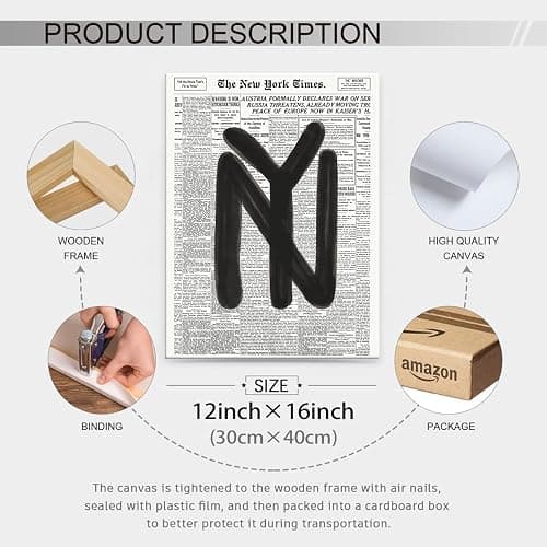 Black and White Newspaper Wall Art Vintage New York City Poster Trendy Minimalist Aesthetic Canvas Prints 12X16 inch Framed for Apartment Bedroom Wall Decor thumbnail 2