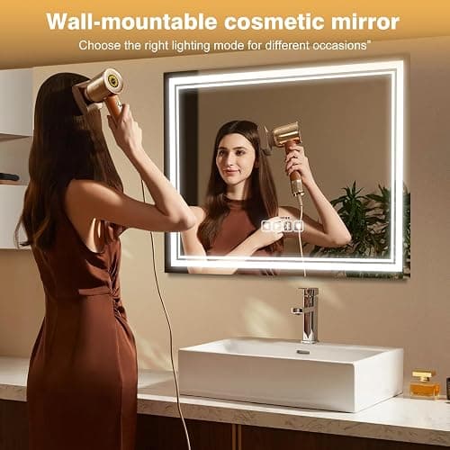 MKupView 27.6"X21.7" Wall-Mounted Mirror Large Vanity Mirror with LED Lights & Play Music Vanity Mirror Touch Screen with 3-Color Lighting Memory Function USB Charging & Magnifying Glass - 21.7"L x 27.6"W thumbnail 3