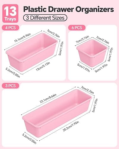 Canfanni 13 Pack Plastic Drawer Organizers Set, 3 Sizes Desk Drawer Organizer Trays for Vanity and Makeup Organizer, Organization and Storage for Makeup, Kitchen Utensils, Bathroom and Office(Pink) thumbnail 3