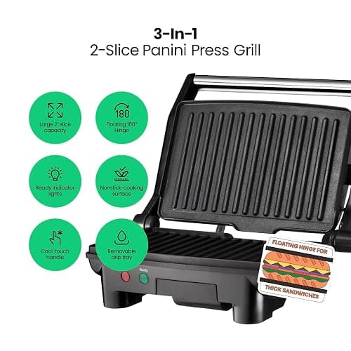 Chefman Electric Panini Press Grill and Gourmet Sandwich Maker w/ Non-Stick Coated Plates, Opens 180 Degrees to Fit Any Type or Size Food, Dishwasher Safe Removable Drip Tray, Stainless Steel/Black thumbnail 4