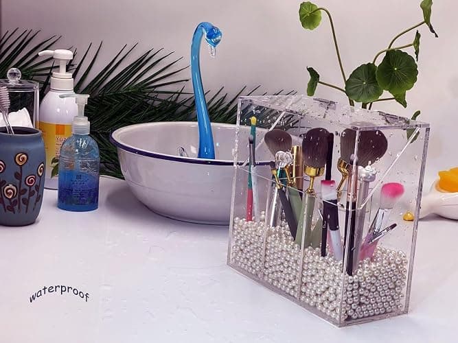 VASERDDY Acrylic Makeup Organizer,Clear Cosmetic Brush Storage Box With 3 Brush Holders,with Dust Cover, Large-capacity Split Design can Quickly Organize the Desktop (with3 bags of white pearls thumbnail 9