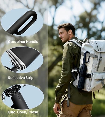 MRTLLOA Travel Essentials Ring Handle Umbrella, Windproof for SUN/UV and Rain with Reflective Stripe, Compact Folding Backpack Umbrella for Women Men, 10 Ribs thumbnail 2