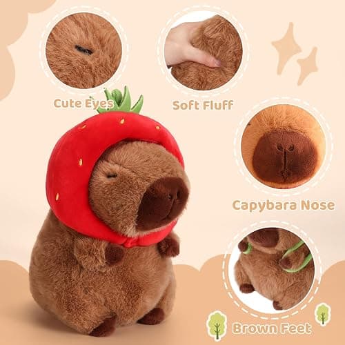 Riuhot Soft Capybara Stuffed Animals Cute Wear Strawberry Hat Capybara Plush Kawaii Plushie Christmas Valentine's Day Birthday for Kids(9in) thumbnail 6
