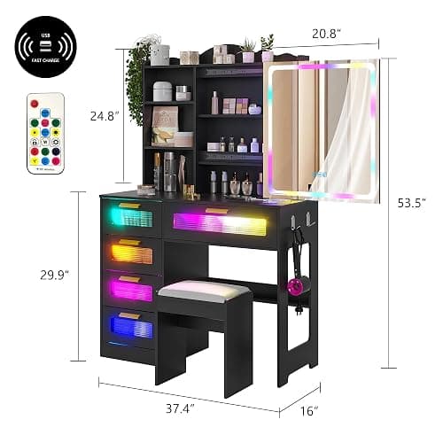 HNEBC Vanity Desk with Sliding Mirror and LED Lights, RGB Vanitys with Charging Station, Makeup Vanitys with Remote Control, White Dresser with Stool/Lager Drawers for Bedroom (Black) thumbnail 3