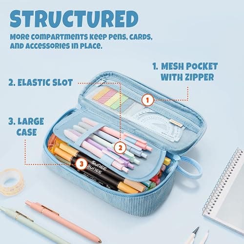 SUNEE Cute Pencil Case, Large Capacity Pencil Pouch Aesthetic Zipper Pencil Bag, Big Storage Pen Organizer for Stationery, Soft Corduroy Pencil Box Back to School Supplies for Teen Girls Boys, Blue thumbnail 5