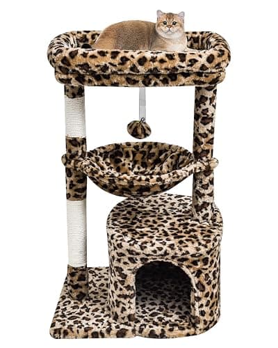 SYANDLVY Small Leopard Print Cat Tree for Indoor Cats, Cat Tower with Scratching Post, Modern Cat House with Padded Perch, Kittens Condo with Cradle, Cat Cave - 29.6" - Leopard Print - Image 1