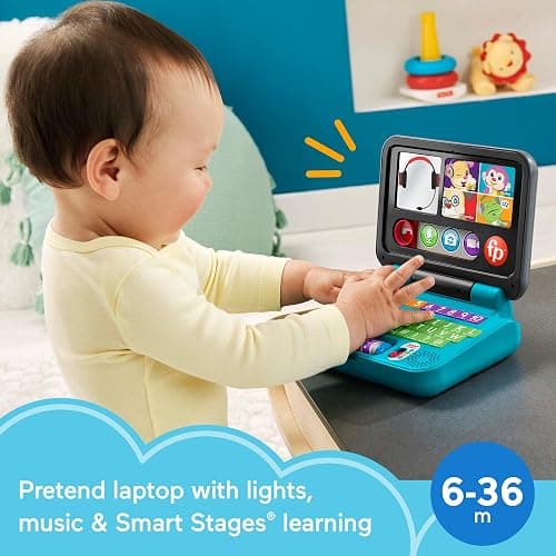 Fisher-Price Baby & Toddler Toy Laugh & Learn Let’s Connect Laptop Pretend Computer with Smart Stages for Infants Ages 6+ Months​ - English Edition thumbnail 2