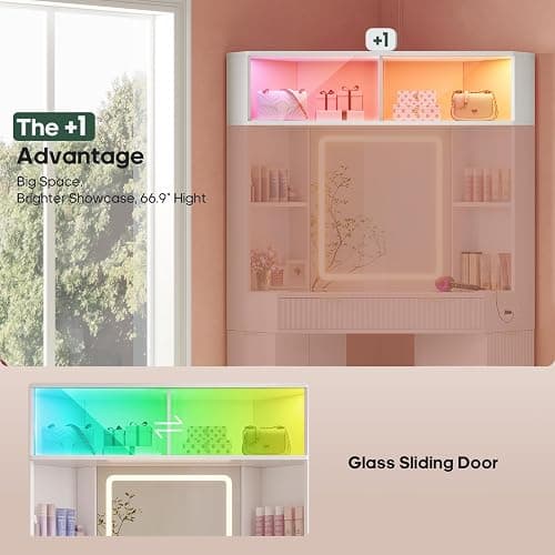 HAUOMS Corner Vanity, with Bag Showcase, LED Lights, Fluted Wood Luxury Makeup Vanity Desk with Mirror, Big Dressing Table with Glass Top, Cabinets, Shelves, Drawers, Charging Station, White thumbnail 5