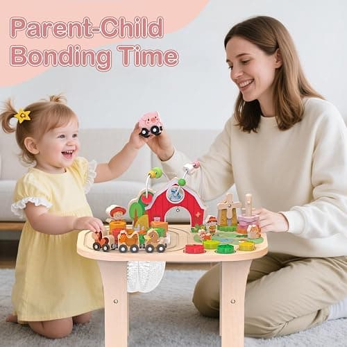 Kids Wooden Farm Activity Table for 1 2 3 Years Old, Montessori Learning Toy with Bead Maze, Shape Sorter & Animal Train, Sensory Development Toy for Toddlers, Educational Gift for Baby Boys Girls 1+ thumbnail 6