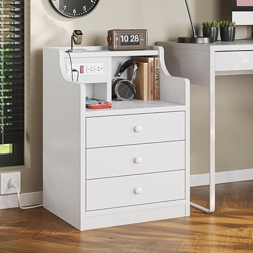 ADORNEVE Nightstand with Charging Station,White Night Stand with Hutch,Bedside Table with Drawers,Bed Side Table with Storage thumbnail 6