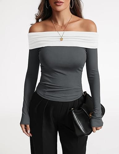 Women's Sexy Off Shoulder Tops Dressy Casual Slim Fit Long Sleeves Spring Fall Blouse Going Out Nightout Shirt thumbnail 4