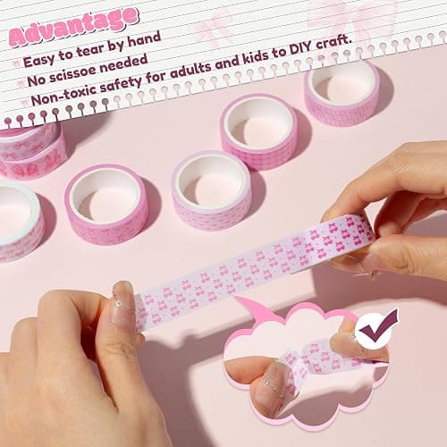 BkeeCten 12pcs Pink Bow Washi Tape, Trendy Watercolor Pink Bow Cherry Preppy Aesthetic Decorative Tape, Cute Bowknot Heart Buffalo Plaid Artistic Tape for DIY Craft Scrapbook Wrapping Decor thumbnail 3