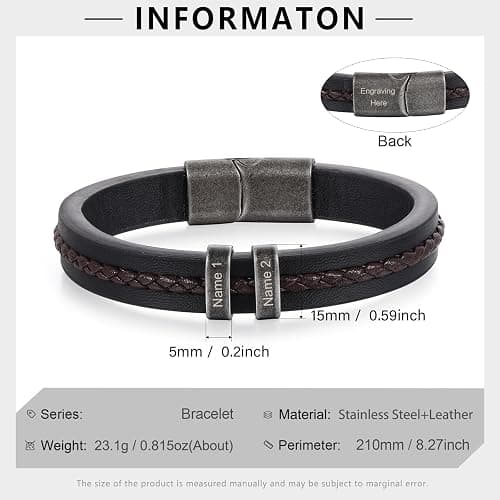 Personalized Custom Name Bracelets for Men - Mens Leather Bracelet with 2-5 Kids Names Customized Gifts for Dad Husband Son thumbnail 2