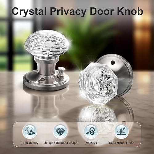 KNOBWELL Privacy Glass Door Knob for Bedroom and Bathroom, Vintage Clear Crystal Door Knobs with Lock, Crystal Interior Door Knobs with Victorian Plate Rosette, Satin Nickel, 2 Pack thumbnail 2