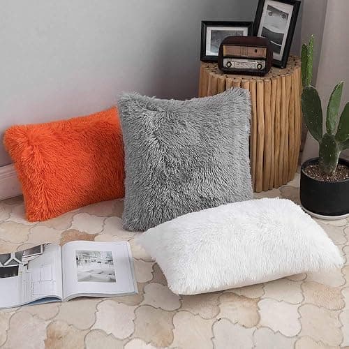 ANRODUO Pack of 2 Grey Throw Pillow Covers Luxury Fluffy Pillows Faux Fur Decorative Pillows Plush Cushion Case Fuzzy Mongolian Merin Style for Bed Couch Sofa and Living Room Home Decor 18x18 Inch - 18" x 18" (Pack of 2) - Grey thumbnail 3