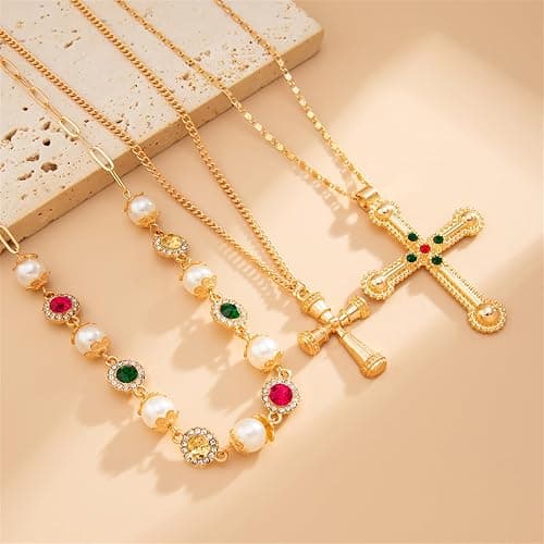 Vintage Layered Cross Necklaces Set for Women,Gold Long Chain Crystal Pendant Necklace Pearl Colorful Crystal Gemstone Necklace Multilayered Statement Necklaces Boho Summer Beach Jewelry thumbnail 4
