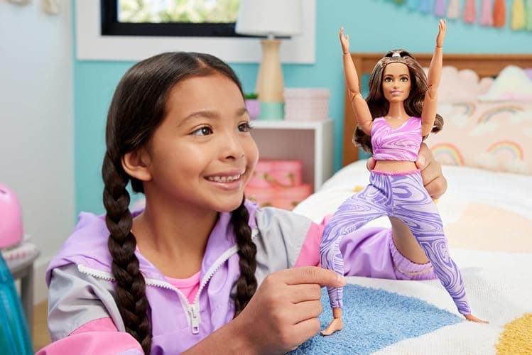 Barbie Made to Move Fashion Doll with Curvy Body & Brunette Hair Wearing Removable Pink Sports Top & Purple Yoga Pants, 22 Bendable “Joints” thumbnail 2