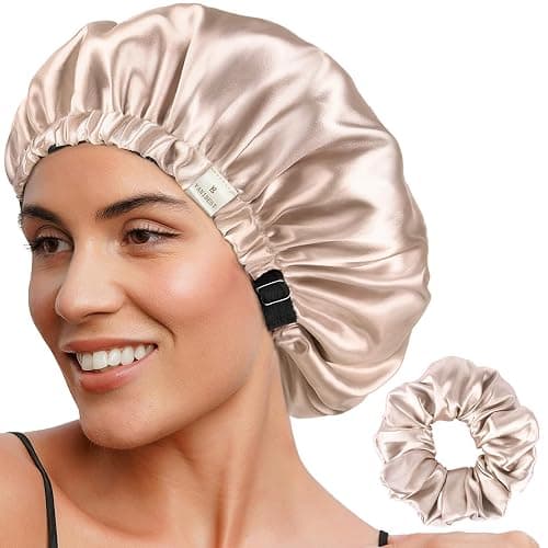 YANIBEST Adjustable Satin Bonnet Double Layer Hair Bonnet for Sleeping Bonnets for Women Hats Curly Natural Hair, Champagne - Image 1