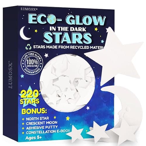 LUMOSX Glow in the Dark Stars for Ceiling ā 220pcs Recycled Material Stars with North Star, Moon & Constellation E-Book for Kids' Room Decor - Image 1