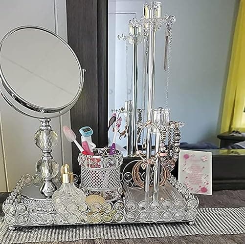 Hedume Crystal Cosmetic Mirrored Makeup Tray, 12.3" x 8", Large Jewelry Organizer, Ornate Decorative Vanity Tray for Dresser, Countertop, Wedding, Home, Bathroom thumbnail 2