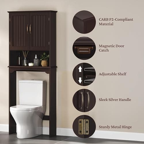 Yaheetech Over The Toilet Storage with 2 Doors & Adjustable Shelf, Free Standing Toilet Rack Wooden Space-saving Collect Cabinet, Bathroom Furniture, 9Dx24.5Wx66H Inches, Espresso thumbnail 5